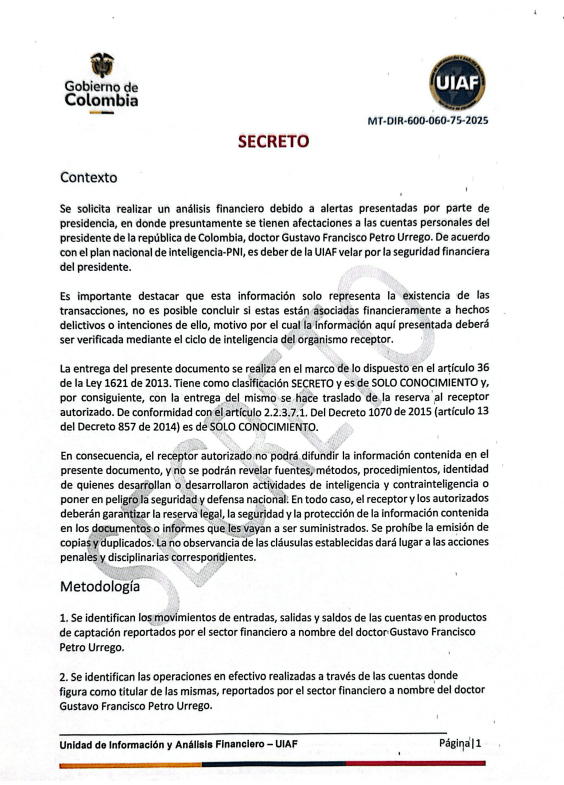 Informe de la UIAF: página inicial y contexto - Meridiano Regional Página inicial del informe de la UIAF clasificado como “SECRETO”, que describe el contexto del análisis financiero solicitado sobre las cuentas del presidente Gustavo Petro, su alcance y metodología.