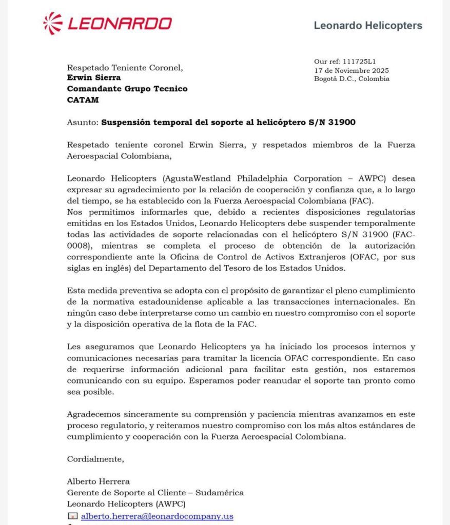 Documento de Leonardo Helicopters sobre la suspensión del soporte al helicóptero presidencial FAC-0008 por trámites de licencia OFAC.