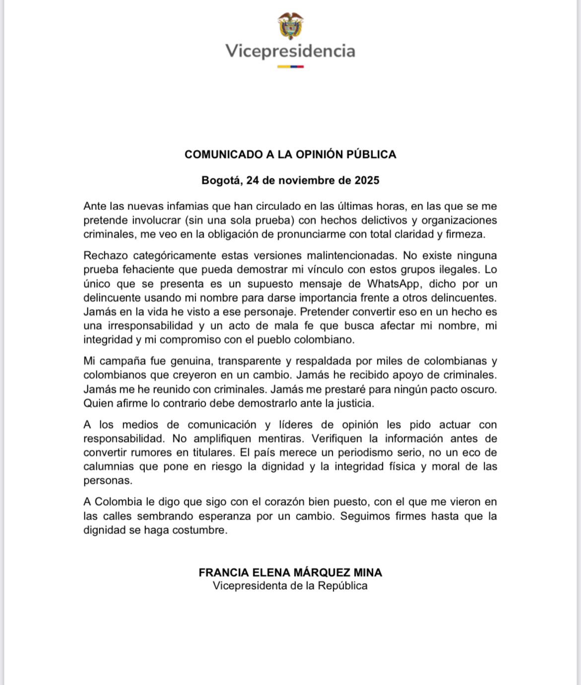 comunicado oficial francia márquez - vicepresidenta francia márquez - chats de disidencias - alias calarcá - respuesta francia márquez