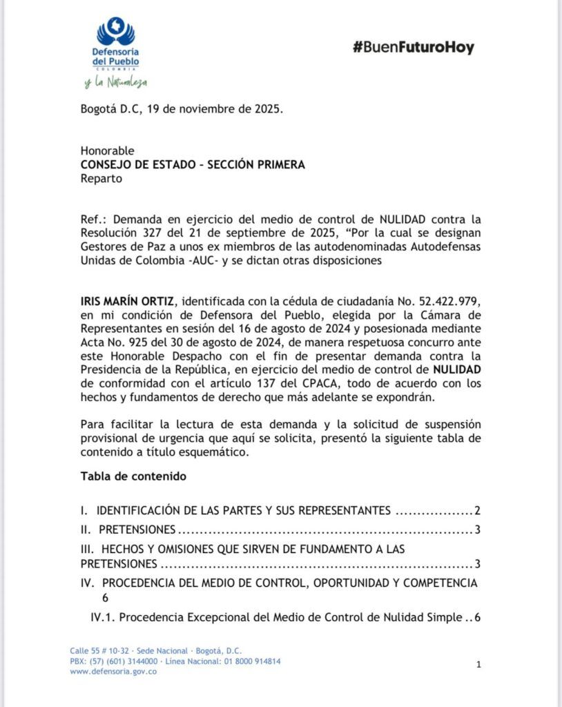 paz total - defensoria del pueblo - consejo de estado - gestores de paz - demanda resolucion 327 - noticias colombia