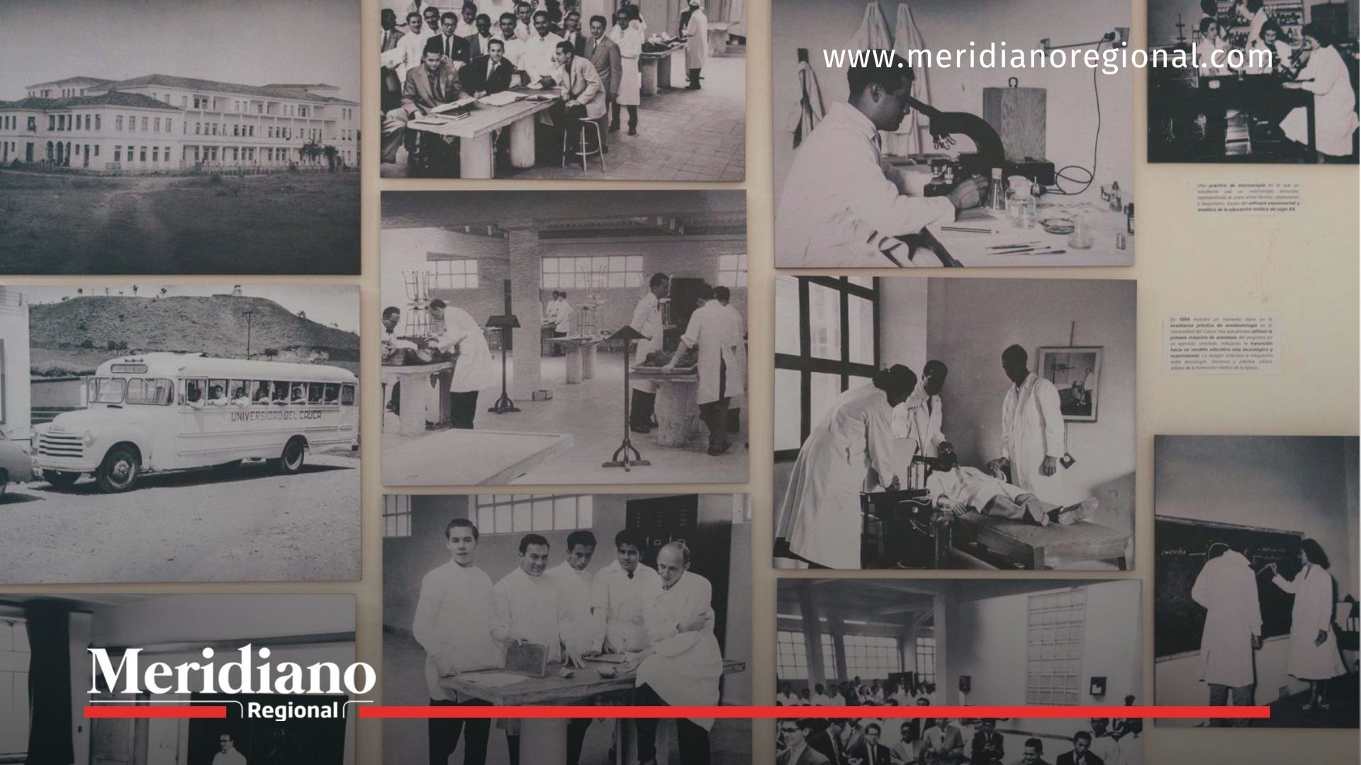 Mural con fotografías antiguas en la exposición sobre la memoria médica del Cauca en la Facultad de Ciencias de la Salud de la Universidad del Cauca.