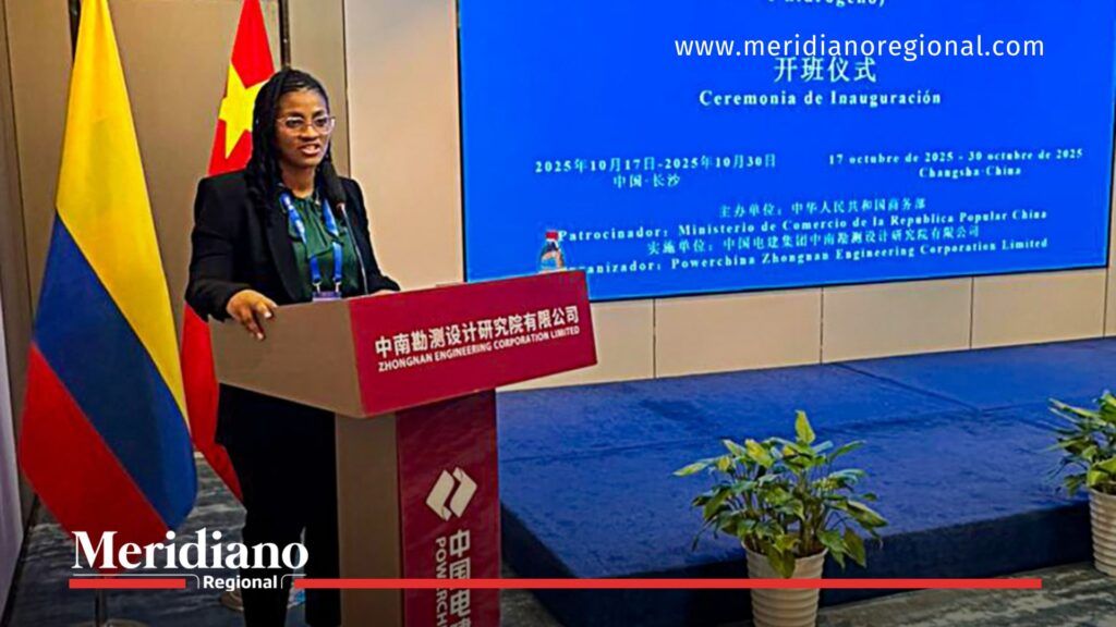 Secretaria de Hacienda del Cauca da su discurso en China durante el seminario de energías renovables, como parte de la alianza energética con China.