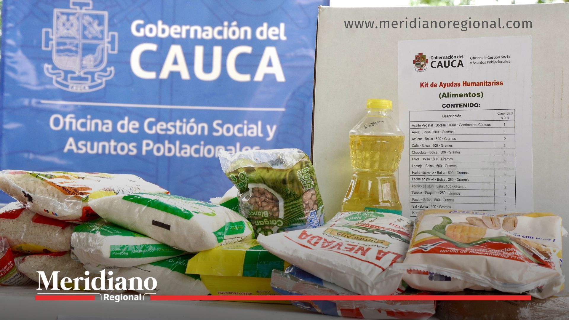 Kits alimentarios entregados en Rosas gracias a la cooperación institucional en el Cauca.