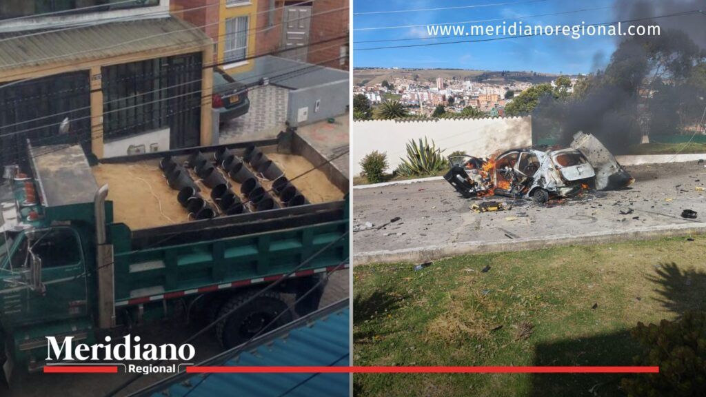 Vehículo y volqueta con explosivos en el Batallón Simón Bolívar de Tunja - Meridiano Regional volqueta con explosivos y vehículo calcinado en el Batallón Simón Bolívar de Tunja - atentado en Tunja - Ejército Nacional - carro bomba Tunja - seguridad Boyacá