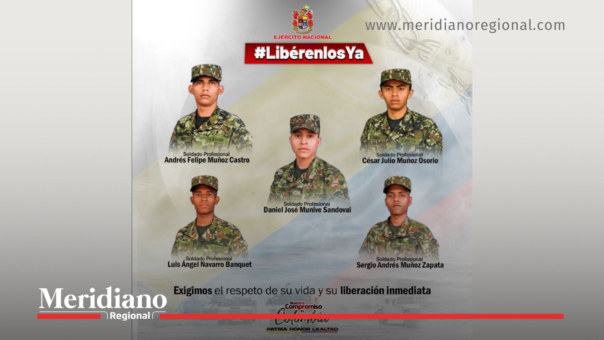 Imagen oficial del Ejército Nacional de Colombia con los cinco soldados secuestrados en Arauca por el ELN y el mensaje #LibérenlosYa.