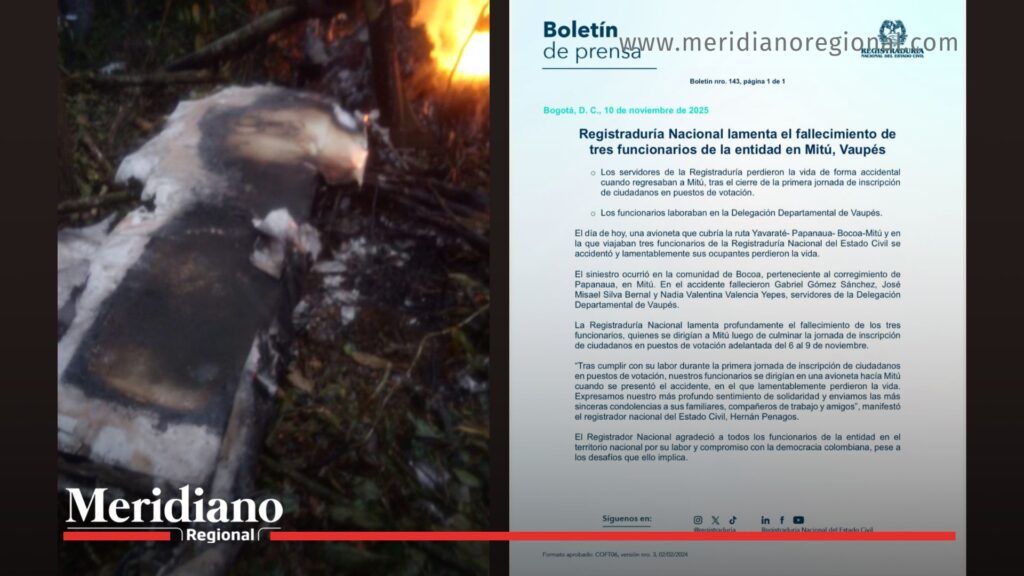 Comunicado de la Registraduría sobre accidente aéreo en Vaupés - Meridiano Regional Restos de la avioneta HK-641 y comunicado oficial de la Registraduría sobre el accidente aéreo en Vaupés.