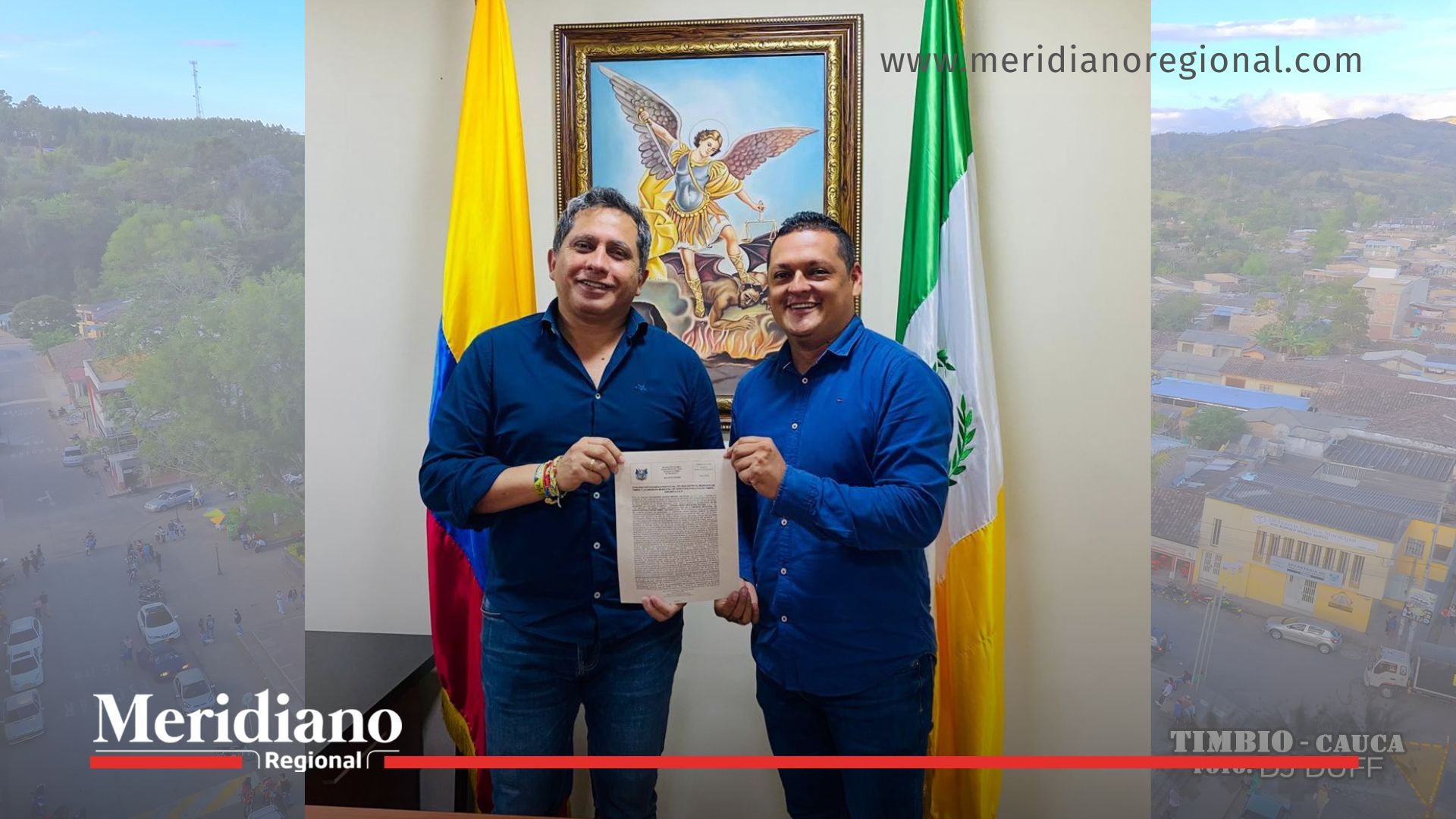 firma del convenio entre la alcaldía de timbio y emtimbio esp con vista panorámica de timbio cauca para modernización del alcantarillado