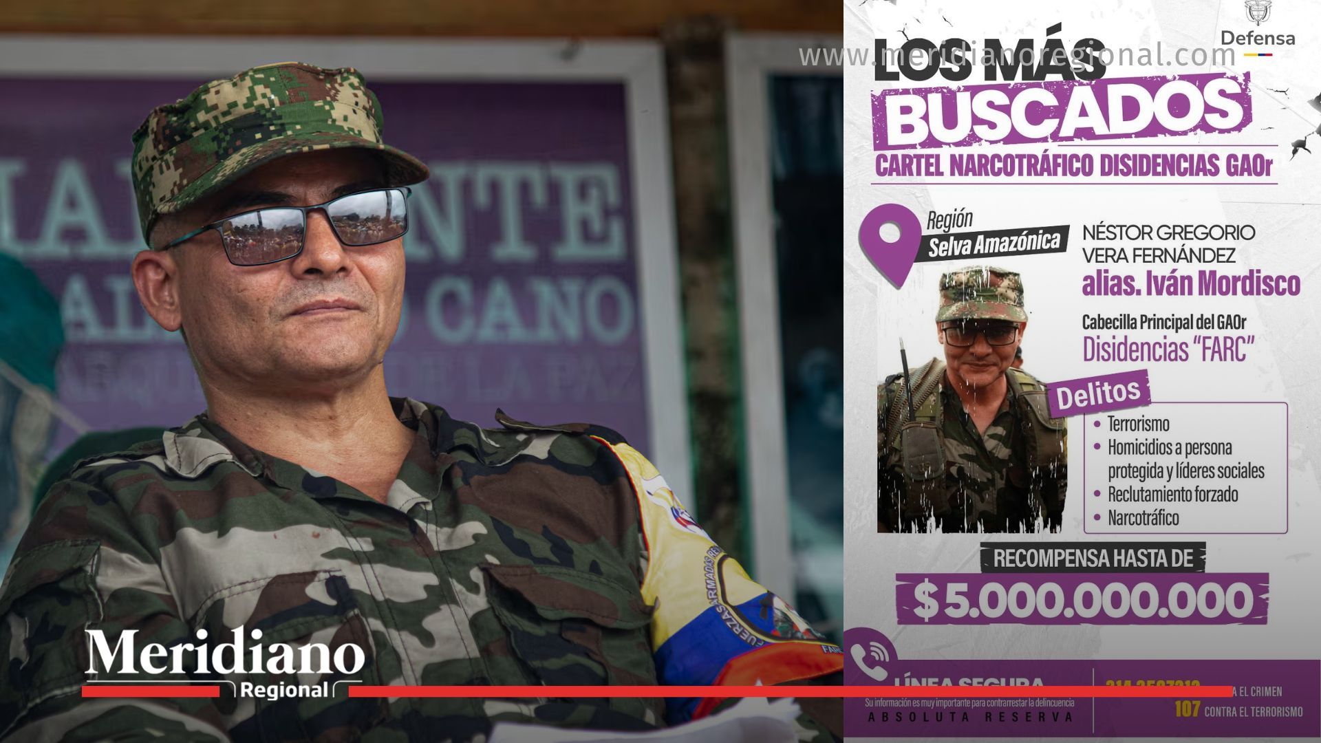 Imagen de Iván Mordisco y cartel de los más buscados del Ministerio de Defensa.