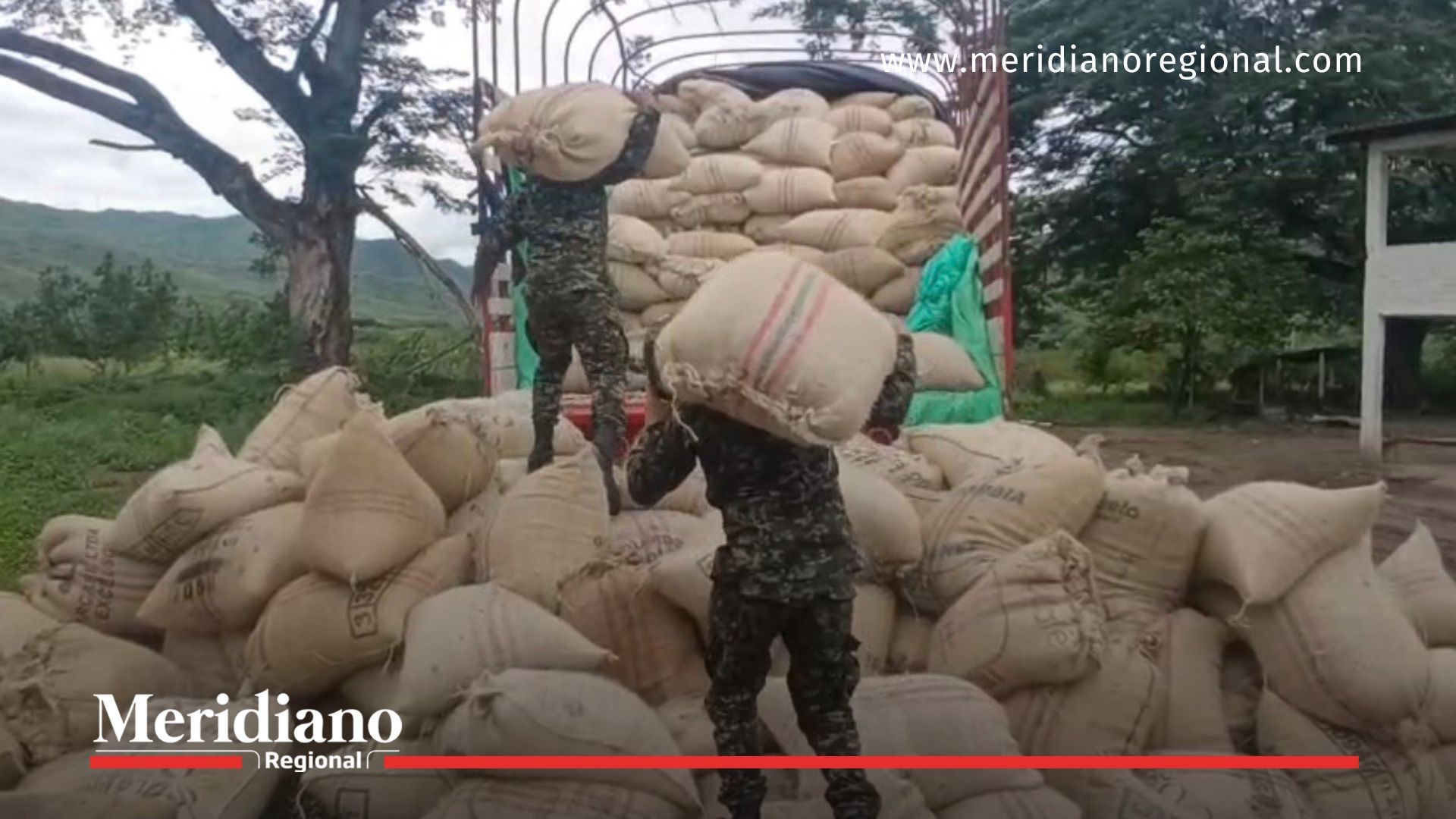 Soldados del Ejército Nacional trasladan sacos de café tipo exportación recuperados durante el operativo en Mercaderes, Cauca.