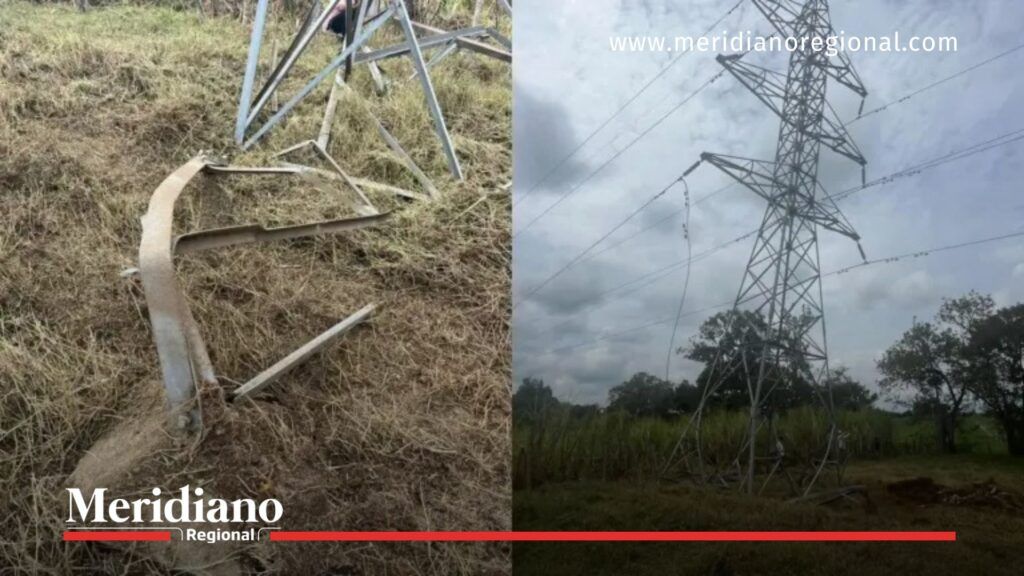 Torres de energía afectadas por el atentado en Cajibío en el sector Chayani; bases deformadas y riesgo de colapso tras el ataque con explosivos que amenaza el servicio eléctrico del Cauca.
