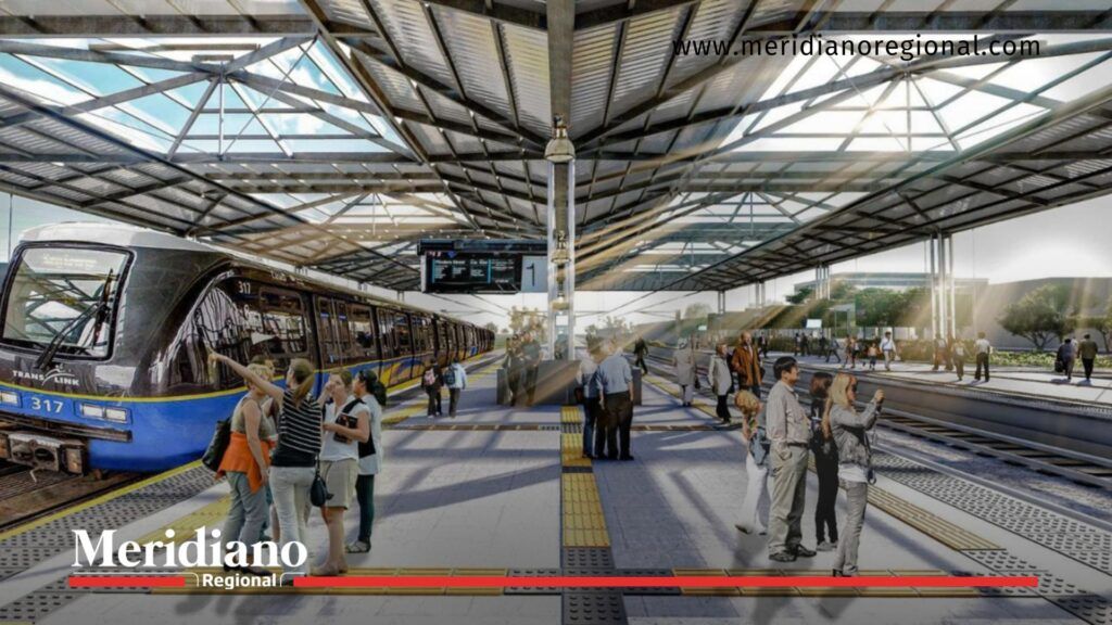Maqueta 3D del Tren de Cercanías del Valle en estación metropolitana - Meridiano Regional Maqueta 3D del Tren de Cercanías del Valle con tren azul detenido en una estación moderna y personas caminando por los andenes.