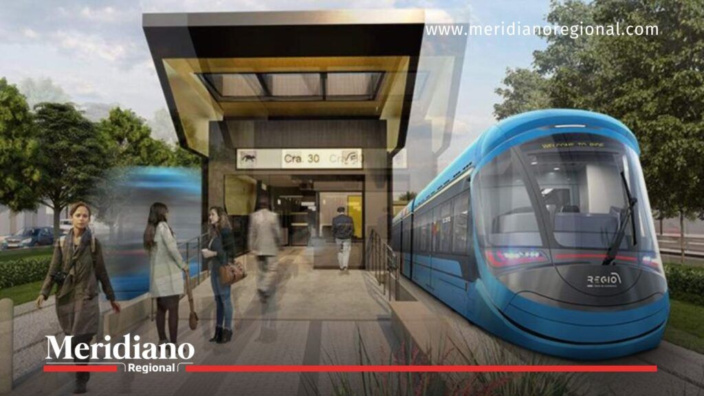 Maqueta 3D del Tren de Cercanías del Valle en acceso urbano - Meridiano Regional Render 3D del Tren de Cercanías del Valle llegando a una estación urbana con peatones ingresando al acceso principal.