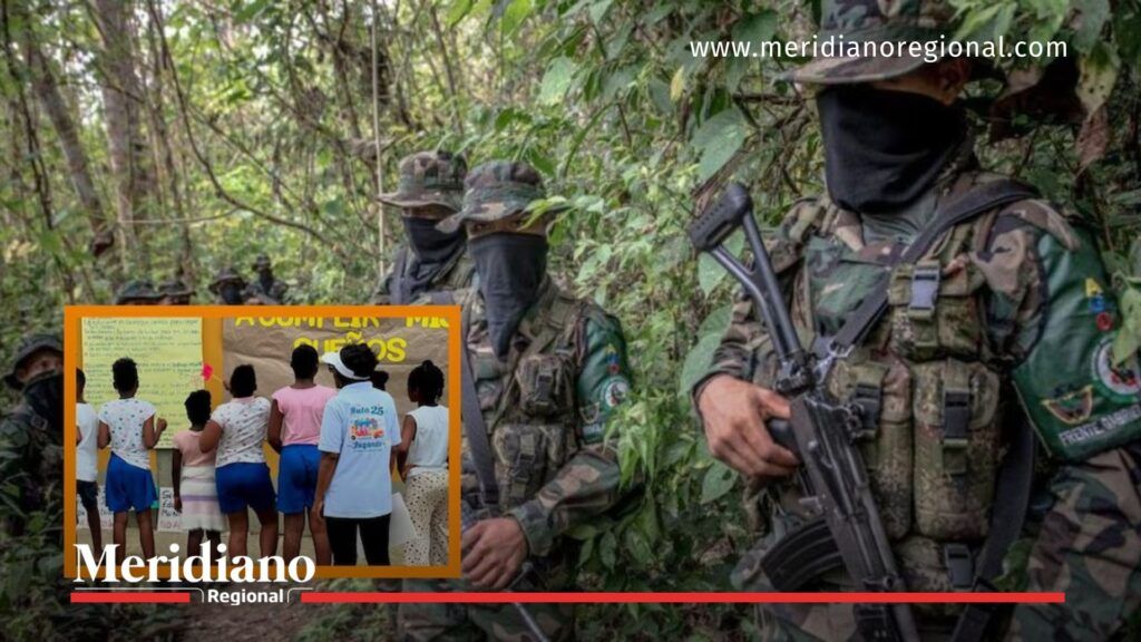 Reclutamiento infantil y contexto de bombardeos en Colombia - Meridiano Regional Integrantes armados encapuchados en zona selvática junto a una imagen insertada de menores rescatados, usada para contextualizar el reclutamiento infantil y los bombardeos en Colombia.