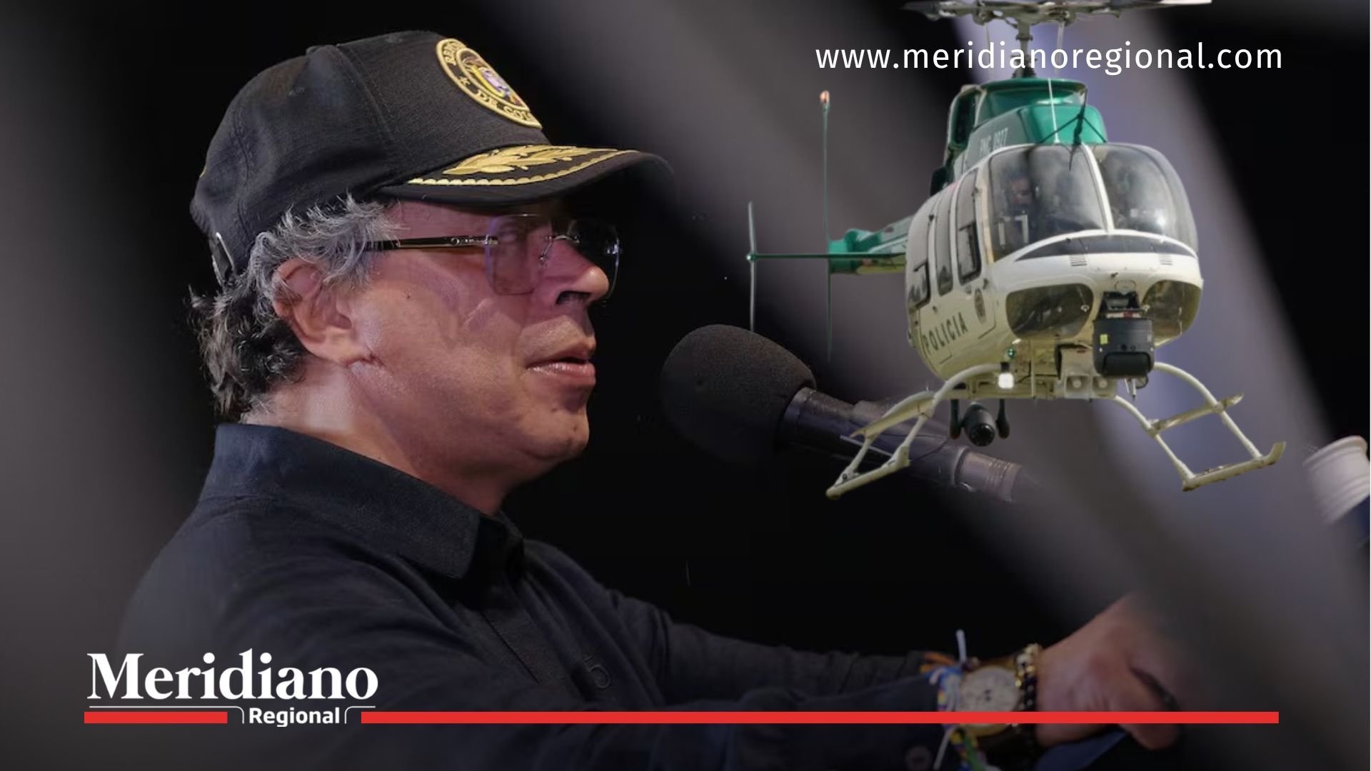 mandatario colombiano en discurso con recurso visual del helicóptero presidencial