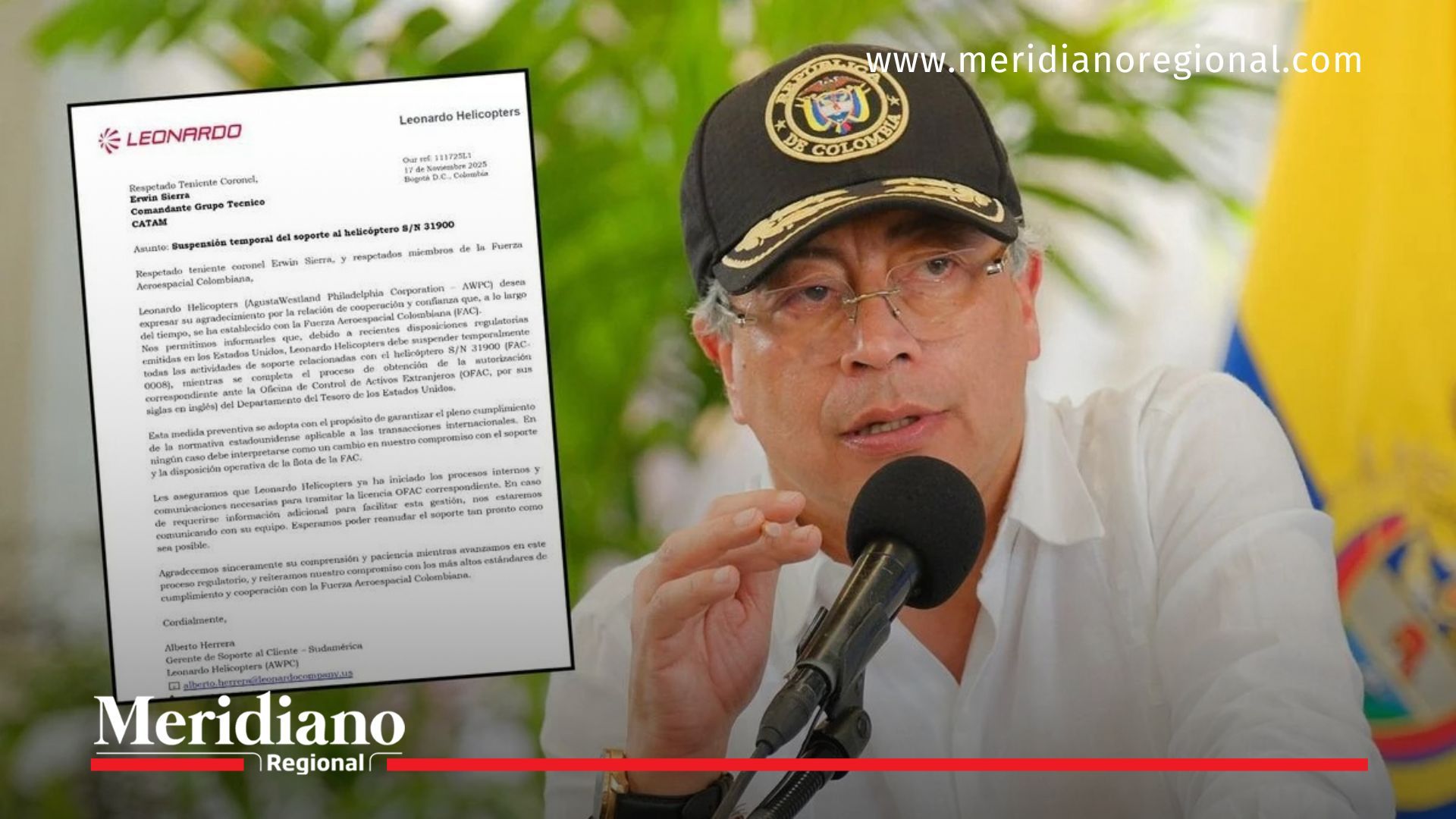 Gustavo Petro hablando mientras se muestra la carta de Leonardo Helicopters sobre la suspensión del soporte al helicóptero presidencial FAC-0008.