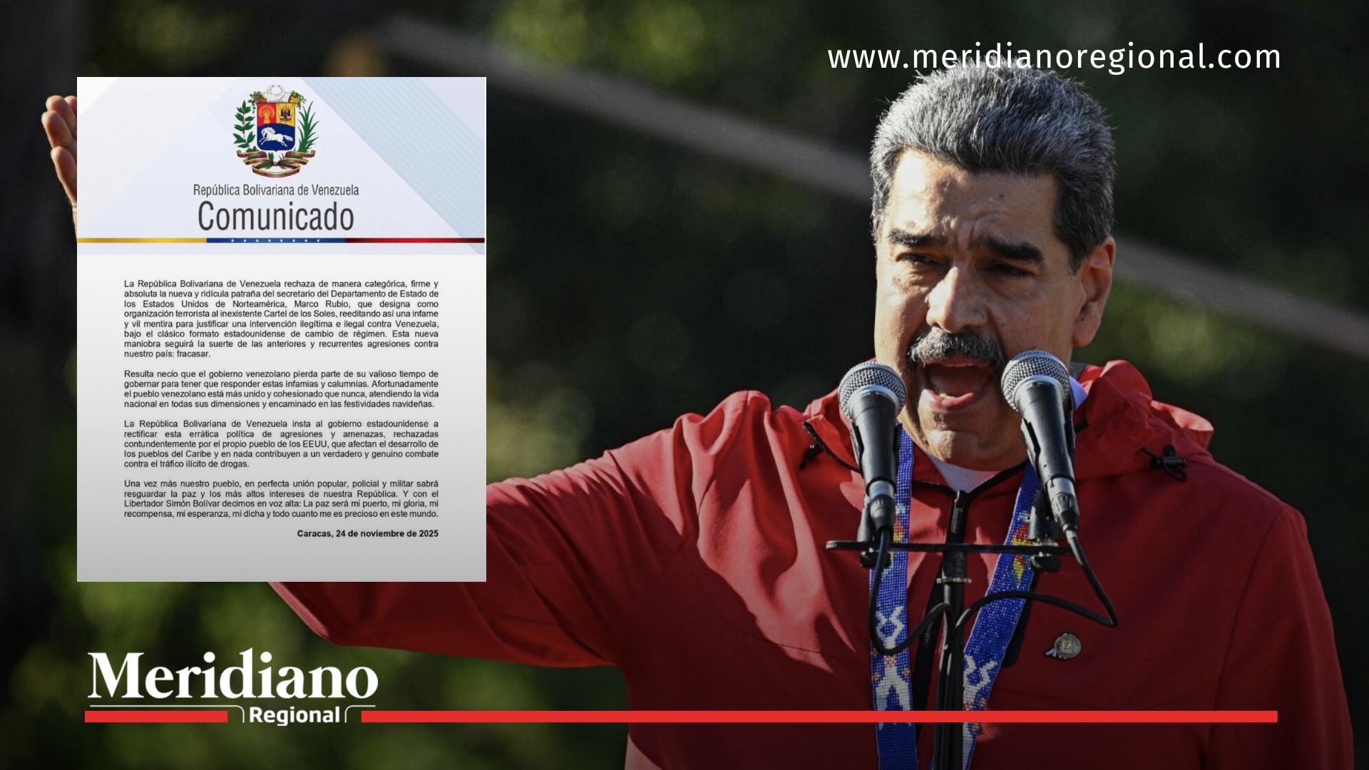 Portada con Nicolás Maduro hablando en público y el comunicado oficial mediante el cual Venezuela rechaza la designación del Cartel de los Soles como organización terrorista.