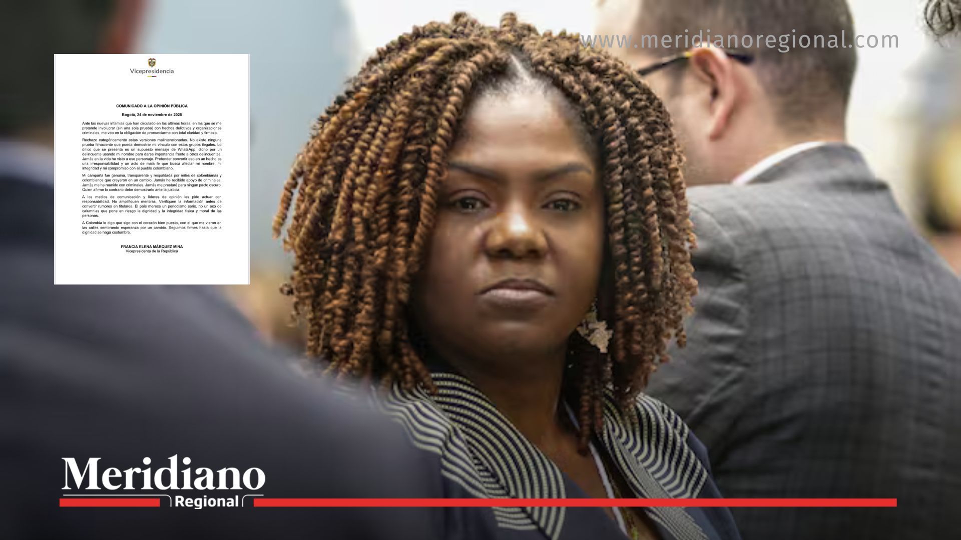 La imagen corresponde al comunicado oficial emitido por la vicepresidenta Francia Márquez el 24 de noviembre de 2025, en el que rechaza categóricamente su mención en los archivos de alias ‘Calarcá’ y en los supuestos chats de disidencias. En el documento, Márquez niega cualquier vínculo con grupos armados ilegales, afirma que “jamás ha recibido apoyo de criminales” y exhorta a los medios a actuar con responsabilidad para evitar la difusión de rumores sin verificación. Este comunicado marca la posición institucional de la Vicepresidencia frente a la controversia.