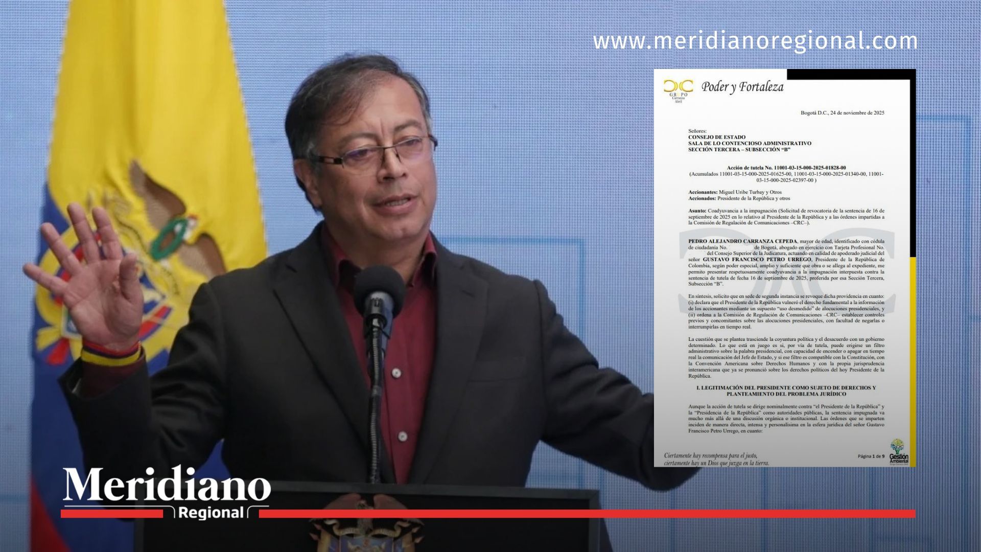 Gustavo Petro en alocución junto al documento presentado ante el Consejo de Estado para revocar el fallo que, según su defensa, configura censura a sus alocuciones presidenciales.