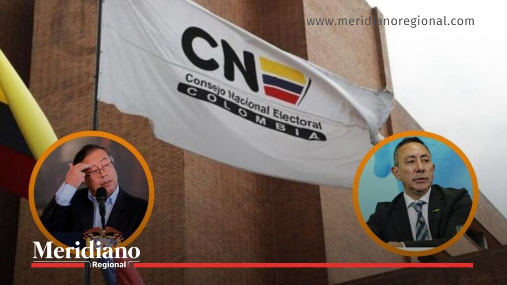 Sanción del CNE a la campaña Petro Presidente – decisión del Consejo Electoral - Meridiano Regional Sede del CNE con fotos de Petro y el director del Consejo Electoral en contexto de la sanción del CNE a la campaña Petro Presidente