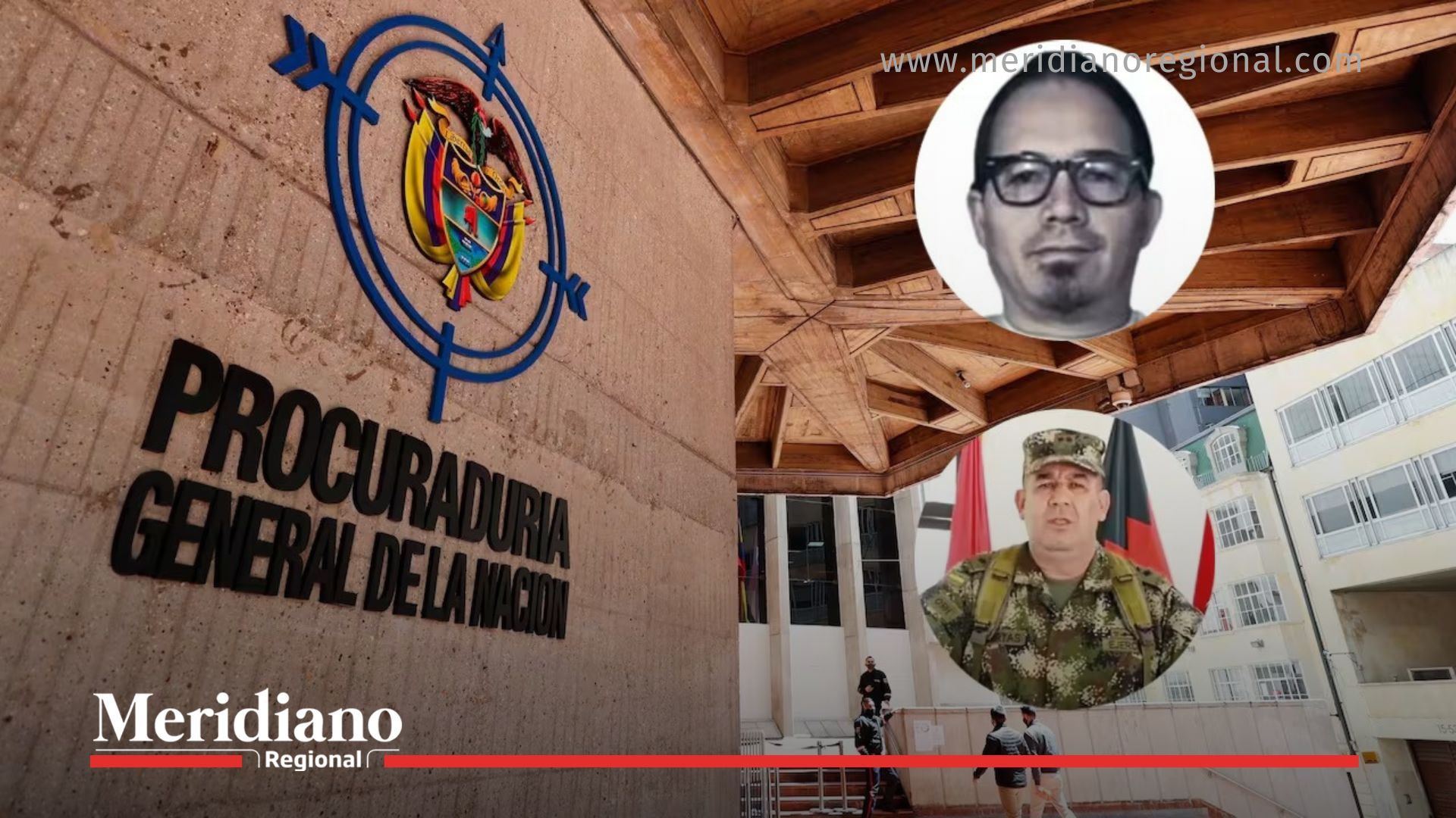 Composición que ilustra el avance disciplinario en el caso Calarcá, con la fachada de la Procuraduría y las figuras de Juan Miguel Huertas y Wilmar Mejía según datos aportados por el periodista.