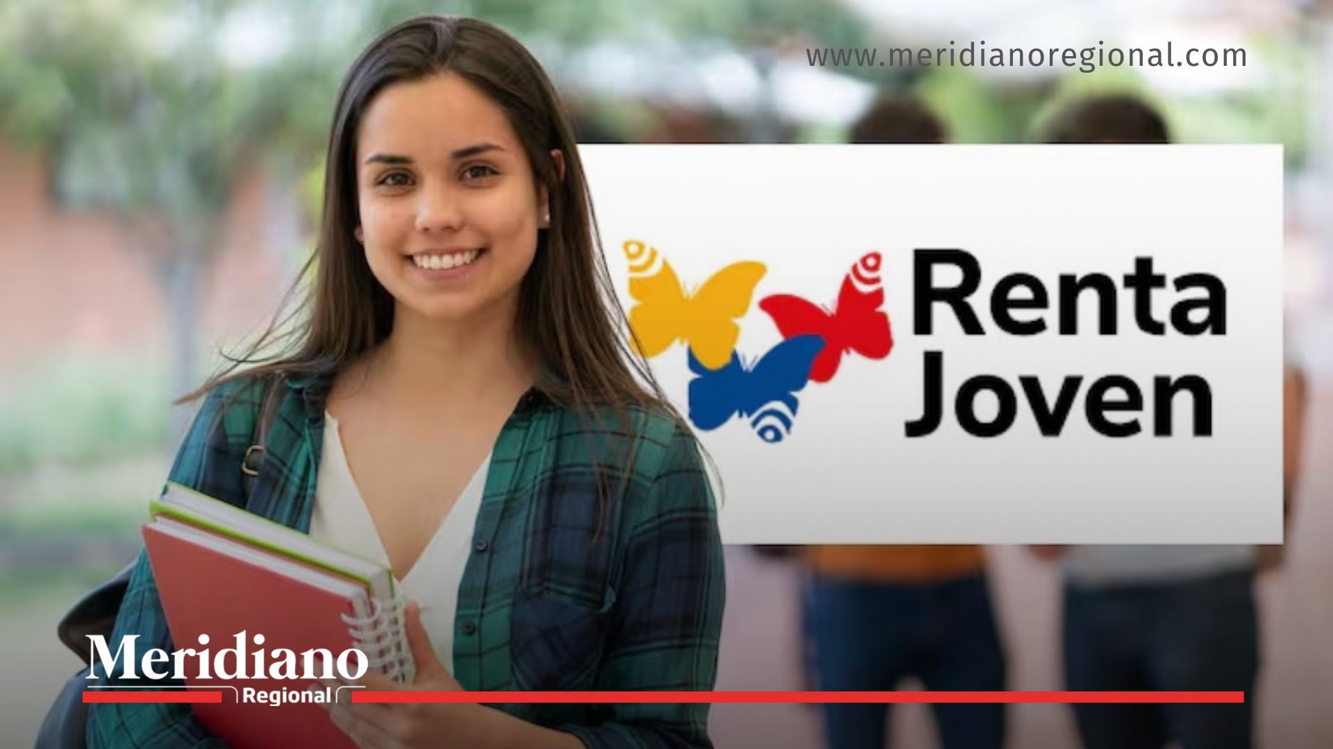 Estudiante frente al logo de Renta Joven, imagen ilustrativa del programa.