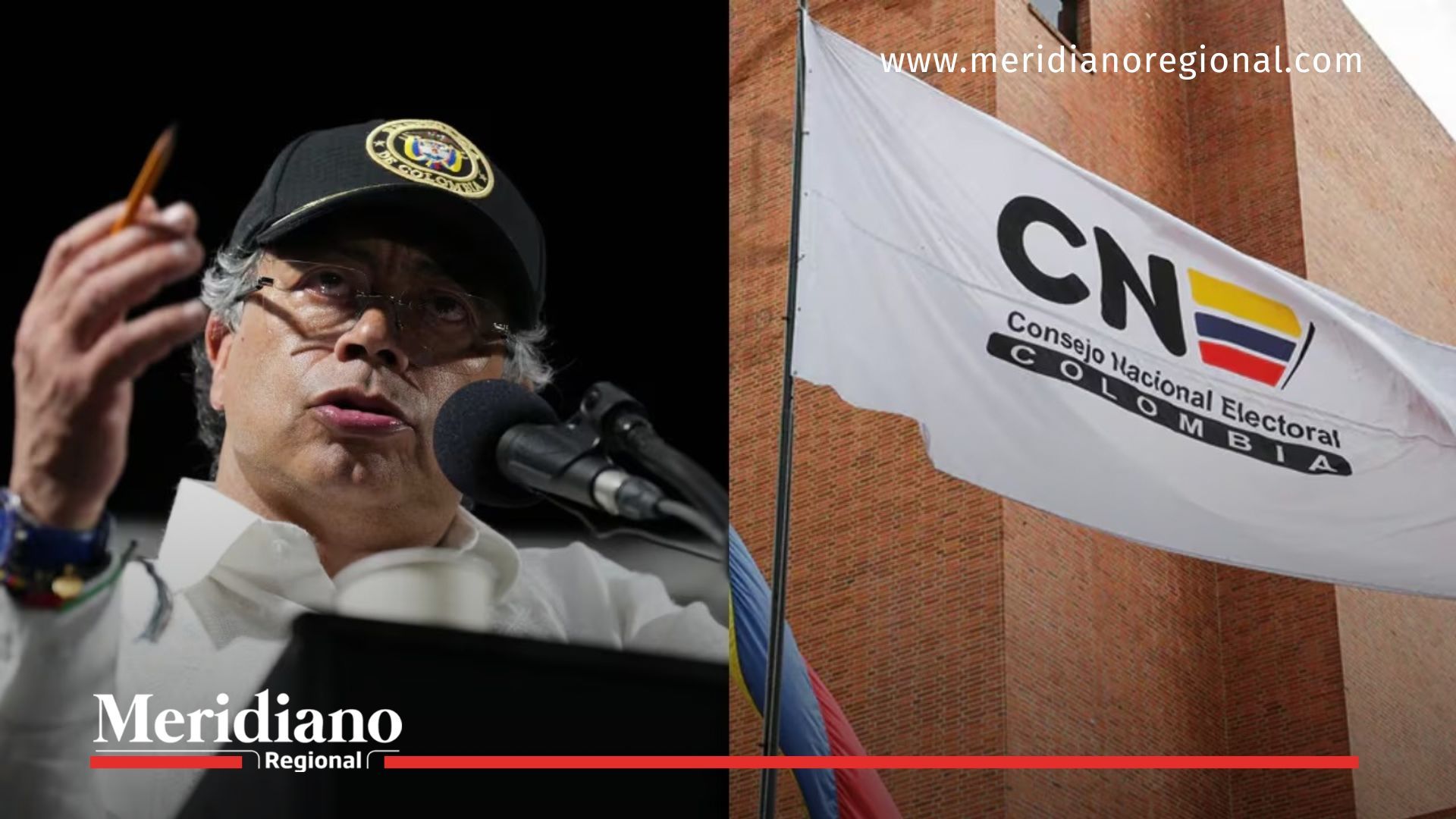 Orador en un evento público junto a la bandera del Consejo Nacional Electoral de Colombia, en el contexto de la sanción del CNE a Petro.