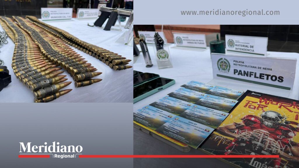 Municiones, panfletos y armas incautadas por la Policía durante la operación donde el GAULA rescata nueve secuestrados en La Plata, Huila.