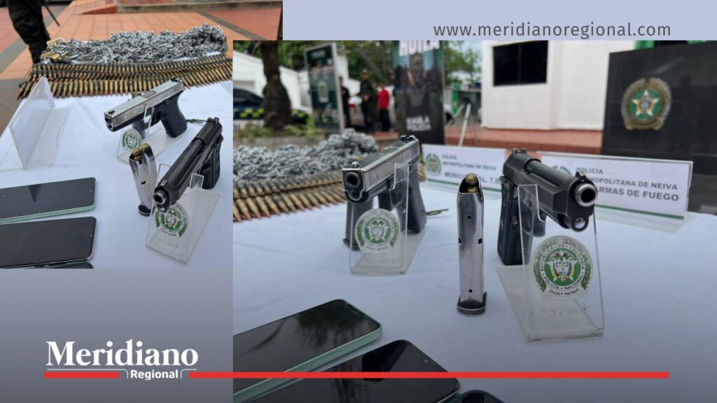 Armas cortas, proveedores y municiones incautadas por la Policía tras el operativo donde el GAULA rescata nueve secuestrados en La Plata, Huila.