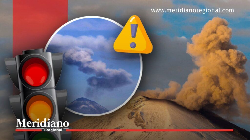 Alerta Naranja Puracé: señales de actividad volcánica - Meridiano Regional Infografía con volcán emitiendo ceniza y semáforo que representa la Alerta Naranja Puracé.