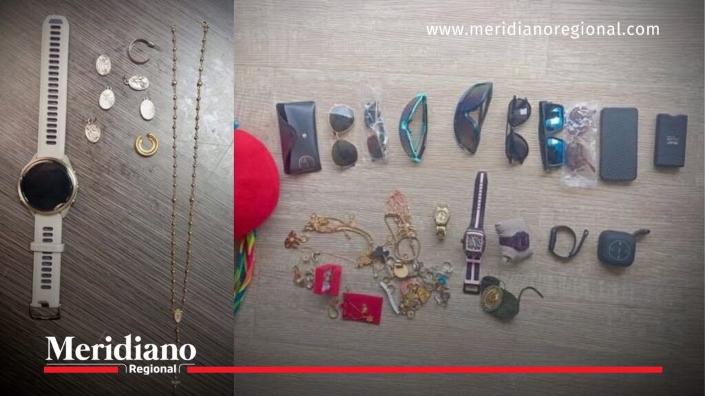 Elementos recuperados tras hurto en Pisoje - Meridiano Regional Objetos recuperados por la Policía Nacional tras el hurto en Pisoje, incluyendo relojes, joyas, gafas y dispositivos.