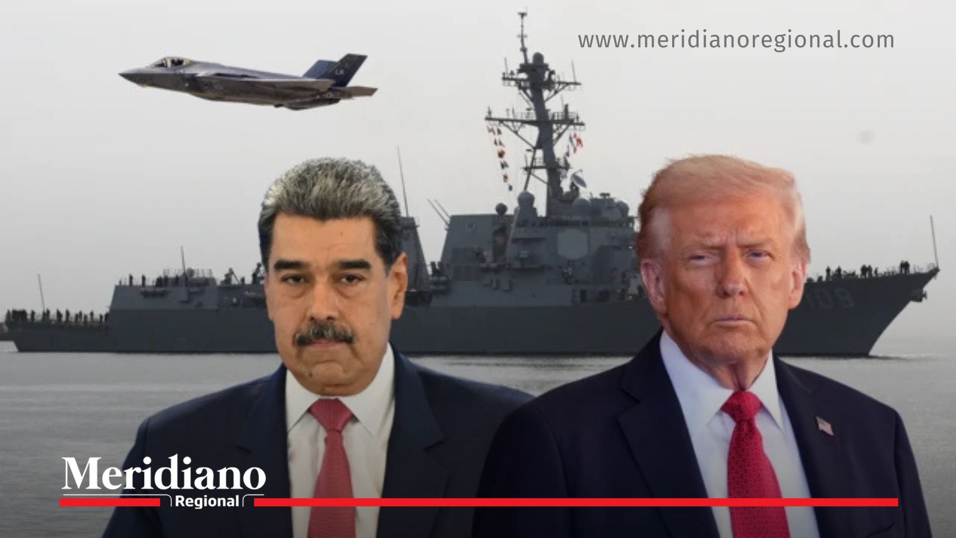 Maduro y Trump frente a un buque militar y un avión de combate, en una imagen alusiva al cierre del espacio aéreo venezolano.