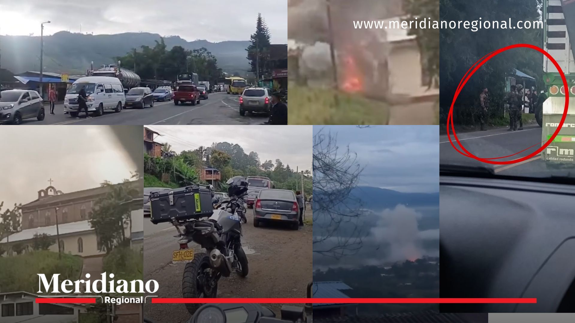 Montaje de imágenes sobre los atentados Cauca, con vehículos detenidos en la Panamericana, explosiones, humo y presencia de hombres armados en varios puntos del departamento.
