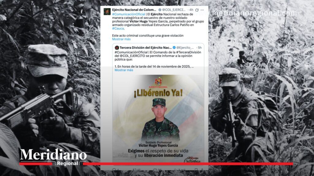 Comunicado oficial del Ejército Nacional sobre el soldado secuestrado en Balboa, Víctor Hugo Yepes García, publicado en X.