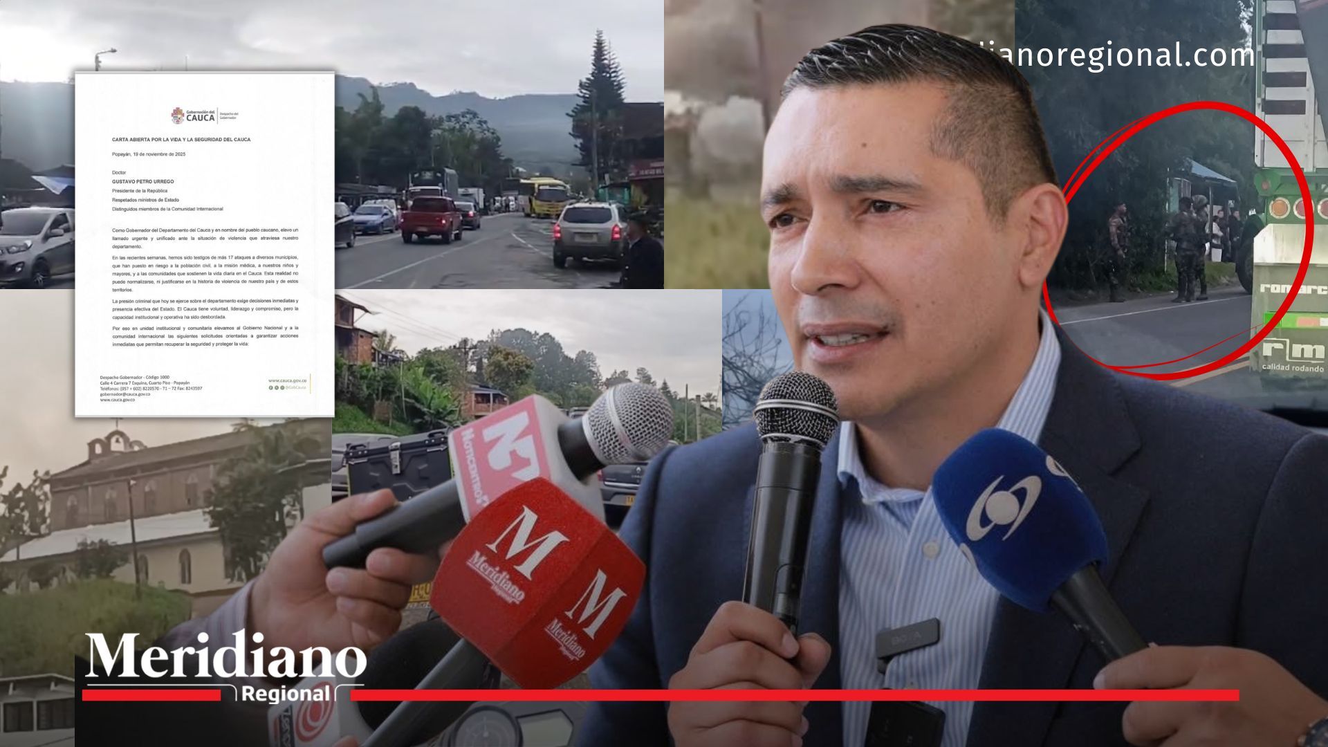 Imagen compuesta que muestra ataques y retenes ilegales en la Vía Panamericana, la presencia del gobernador Octavio Guzmán dando declaraciones y el documento de la Carta Abierta enviada al presidente Gustavo Petro por la crisis de seguridad en el Cauca.