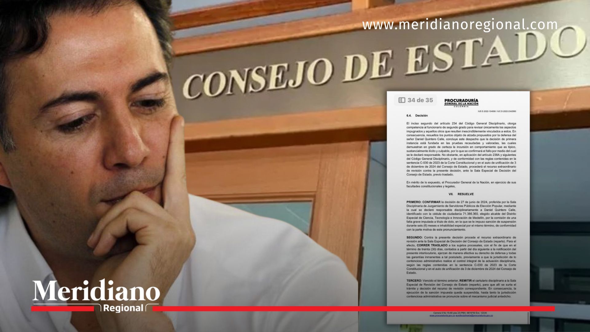 Daniel Quintero aparece en actitud reflexiva mientras el Consejo de Estado estudia la sanción ratificada por la Procuraduría, decisión clave para su futuro político.