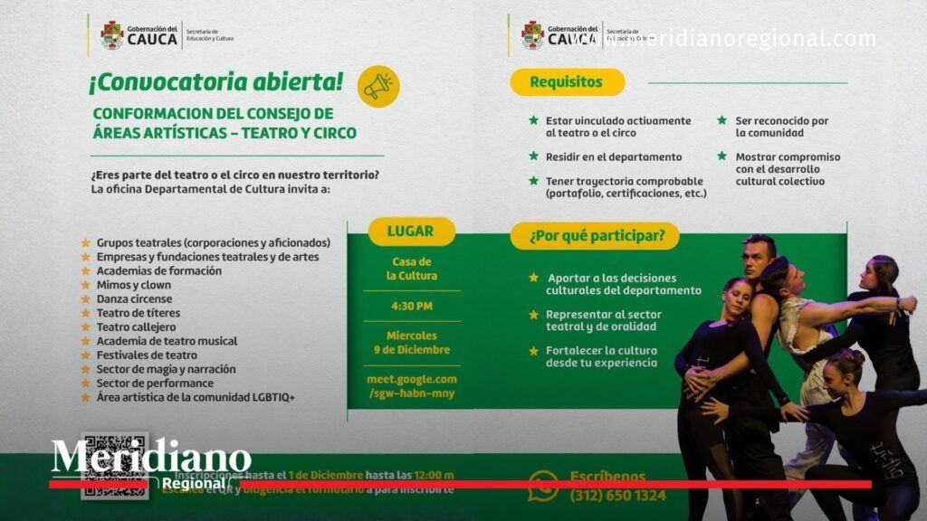 Convocatoria de la Secretaría de Educación y Cultura del Cauca para la conformación del Consejo de Áreas Artísticas – Teatro y Circo, con información de requisitos, participantes y fecha del encuentro, acompañada de una fotografía de artistas en escena.