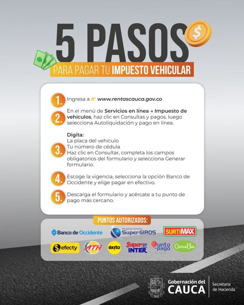 5 pasos para pagar el impuesto vehicular Cauca - Meridiano Regional infografía-5-pasos-para-pagar-impuesto-vehicular-cauca