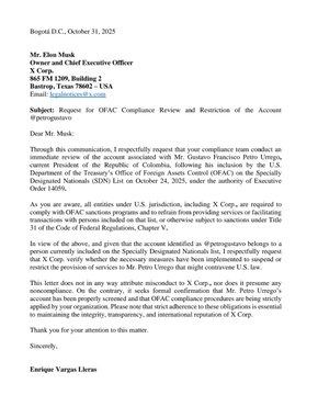 Carta de Enrique Vargas Lleras enviada a Elon Musk solicitando revisar la cuenta de Gustavo Petro en X por sanciones OFAC, origen del pulso entre Petro y Musk.