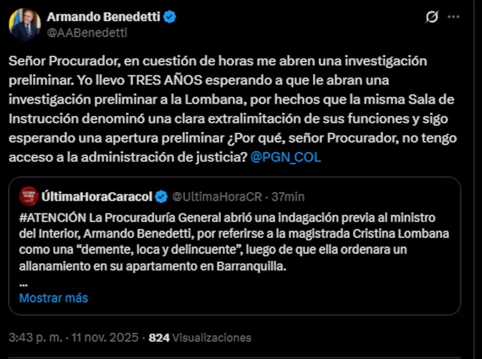 post de Armando Benedetti respondiendo al procurador por indagación de la Procuraduría