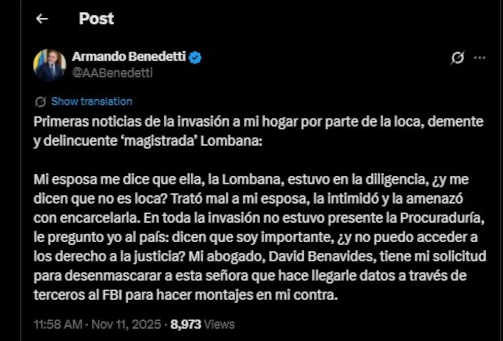 post de Armando Benedetti insultando a la magistrada Cristina Lombana en su cuenta de X