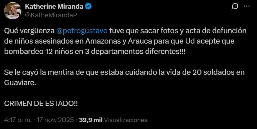 Trino de Katherine Miranda denunciando menores muertos en bombardeos y anunciando críticas al Gobierno en el marco de la moción de censura.