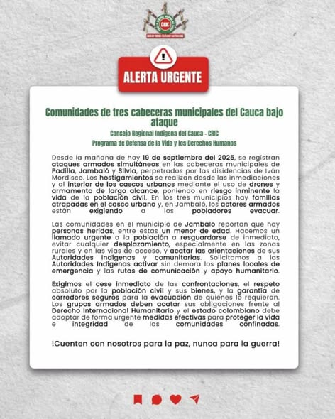 Comunicado del CRIC sobre la ofensiva simultánea en el Cauca y los ataques en Padilla, Silvia y Jambaló.