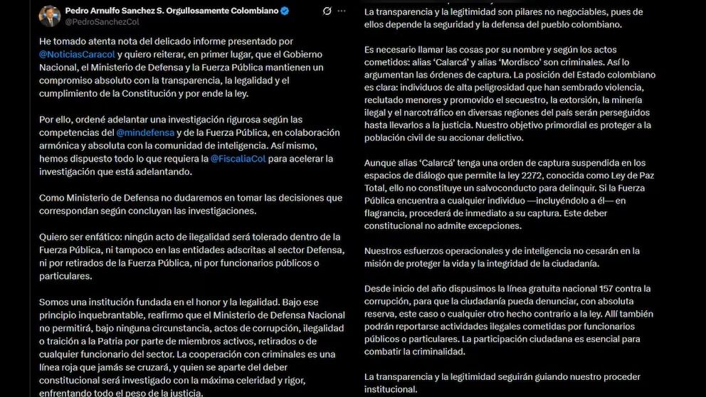 Escándalo Calarcá: pronunciamiento del ministro de Defensa - Meridiano Regional Publicación del ministro de Defensa Pedro Sánchez en X sobre el escándalo Calarcá, en la que anuncia investigación interna, cooperación con Fiscalía y rechazo a vínculos con grupos armados.