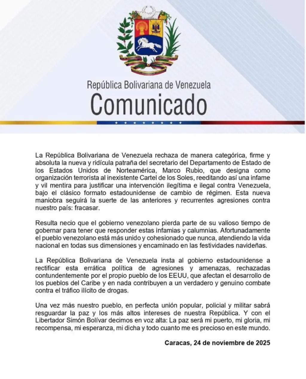 Comunicado de Venezuela sobre el Cartel de los Soles - Meridiano Regional Comunicado oficial de Venezuela negando la existencia del Cartel de los Soles y rechazando su designación como organización terrorista por Estados Unidos.