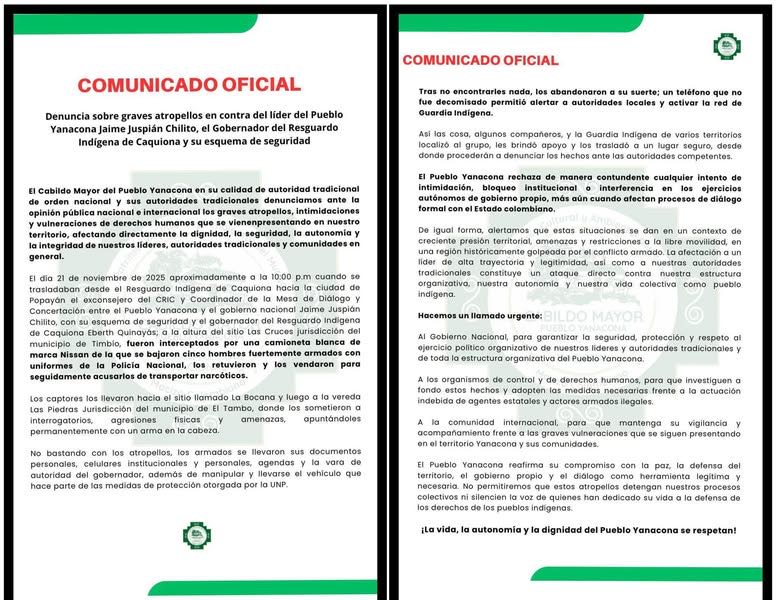 ecuestro en Timbío - comunicado oficial Pueblo Yanacona - líderes indígenas - vía Panamericana - usurpación de uniformes de Policía - seguridad Cauca - noticias Cauca