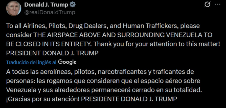 Publicación de Donald Trump en X donde advierte que el espacio aéreo sobre Venezuela debe considerarse cerrado en su totalidad.