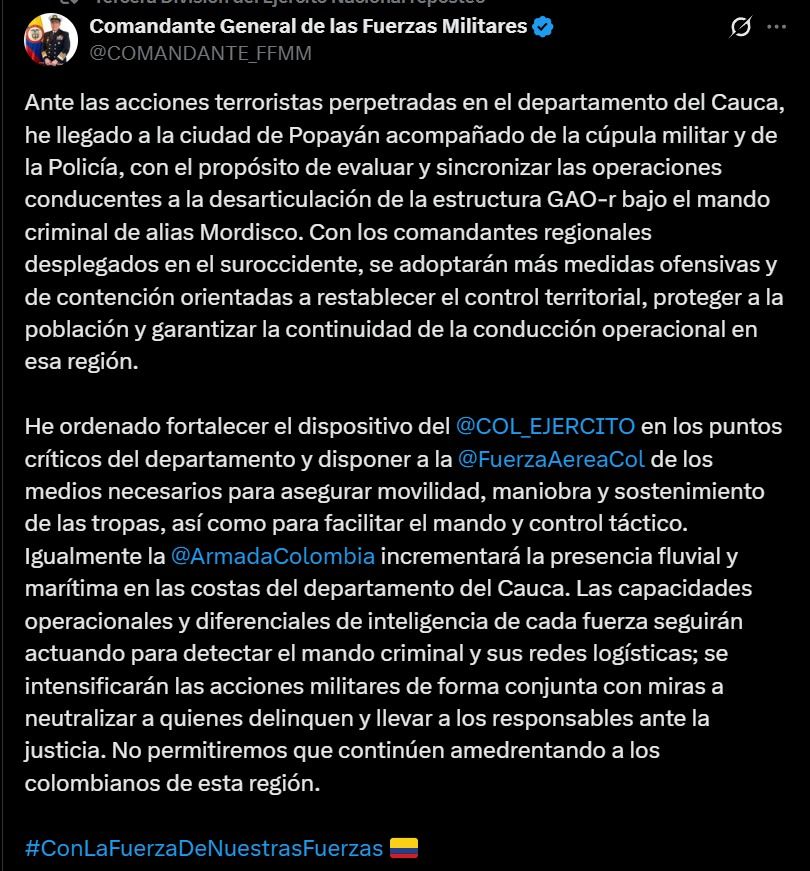 Comandante de las Fuerzas Militares anuncia refuerzo del Ejército y coordinación militar en Popayán tras el ataque en Suárez Cauca.