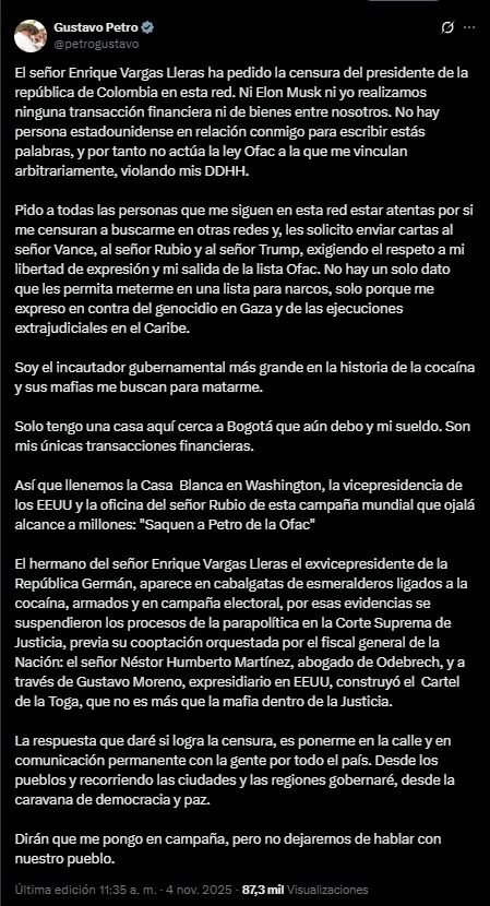 Publicación de Gustavo Petro en X sobre el conflicto entre Petro y Musk por la libertad de expresión y la sanción internacional.