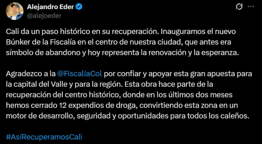 Alejandro Éder destaca inauguración del búnker Fiscalía Cali - Meridiano Regional Alejandro Éder anuncia la inauguración del búnker Fiscalía Cali, símbolo de renovación urbana y fortalecimiento de la justicia en Cali.