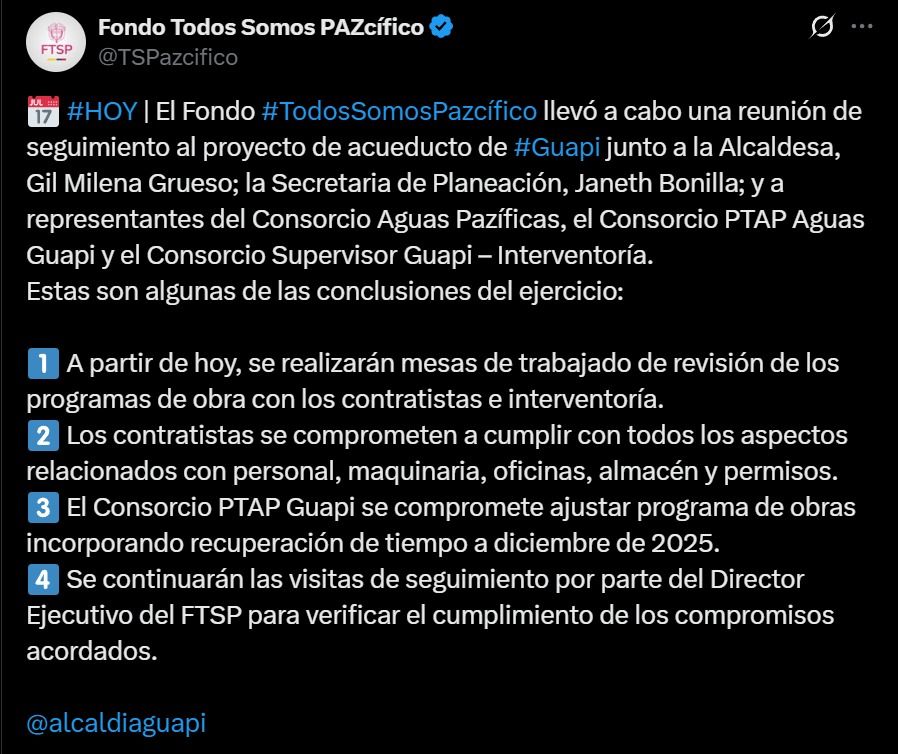 Nuevo acueducto de Guapi – reunión de seguimiento del Fondo Todos Somos Pazcífico - Meridiano Regional nuevo-acueducto-de-guapi - fondo-todos-somos-pazcifico - reunion-de-seguimiento - obras-en-el-litoral-caucano